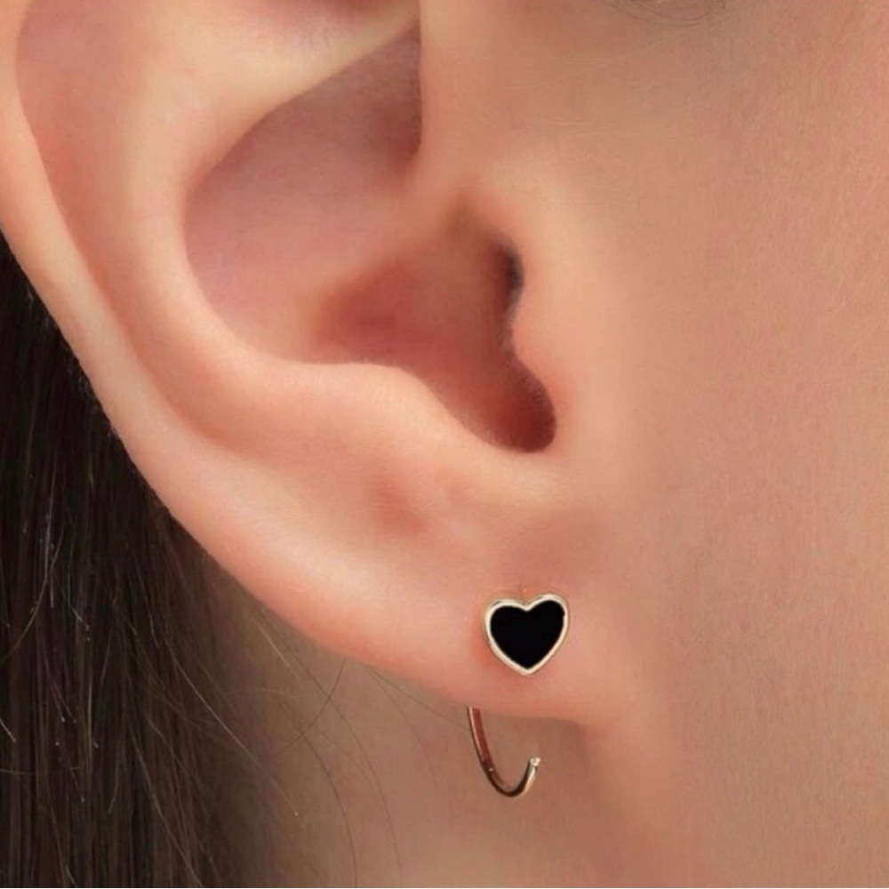 Dainty Black Enamel Heart Gold Spiral Open Hoop Earrings - 1.5cm NEW Boutique